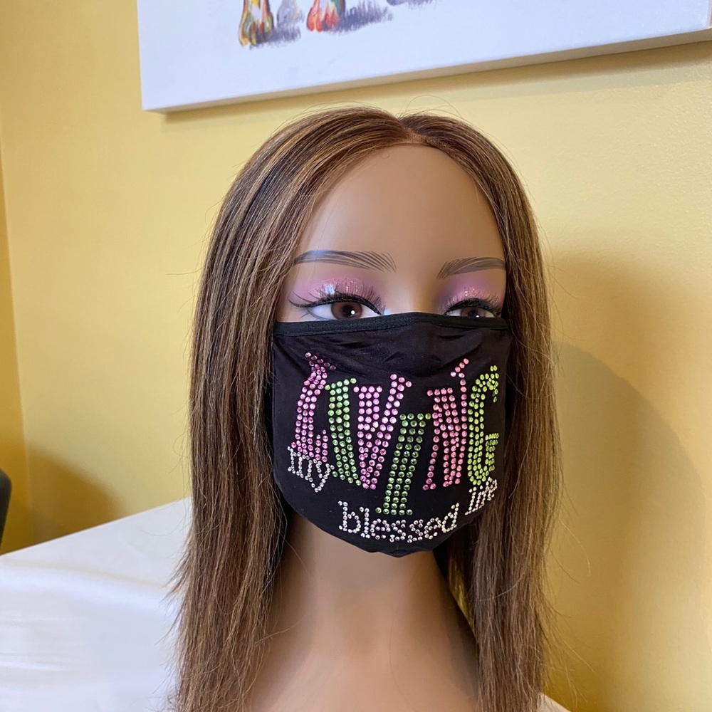 Living My Blessed Life Bling Rhinestone Face Mask Pink and Green - Picture 2 of 8